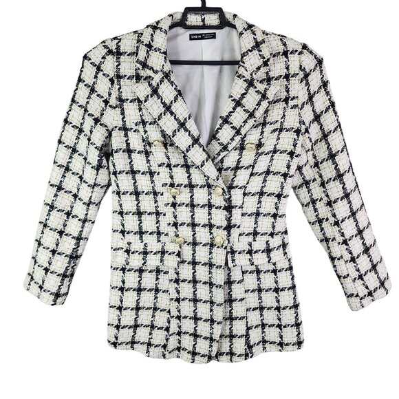 Womens Shein Black White & Gold Checkered Tweed Blazer Jacket Double Breasted L - Picture 1 of 11